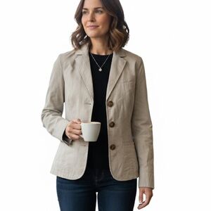 L.L Bean Twill Khaki Beige‎ Taupe Jacket Button Down Blazer Cotton- Size10